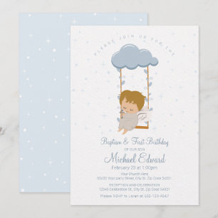 Invitación Pequeño ángel, primer cumpleaños y bautismo