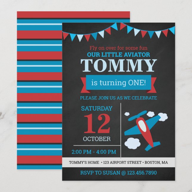 Invitación Pequeño Aviador lindo cumpleaños de pizarra de avi (Anverso / Reverso)