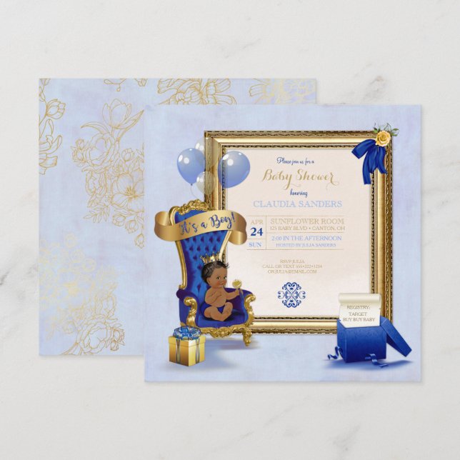 Invitación Pequeño azul real de príncipe Crown Gold del bebé (Anverso / Reverso)