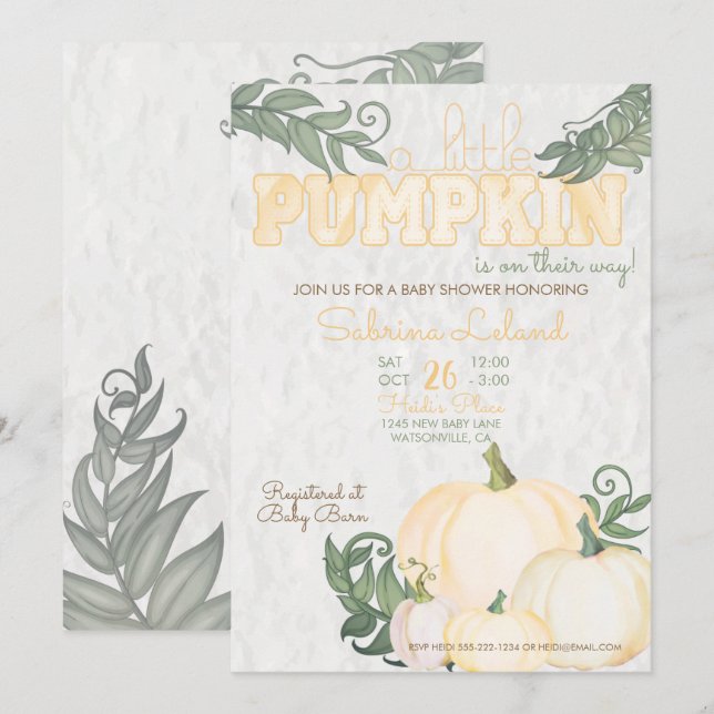 Invitación Pequeño Baby Shower amarillo de calabaza (Anverso / Reverso)