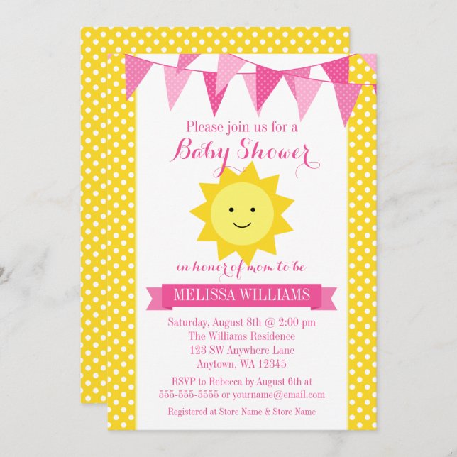Invitación Pequeño Baby Shower de conejo amarillo rosa Sunshi (Anverso / Reverso)