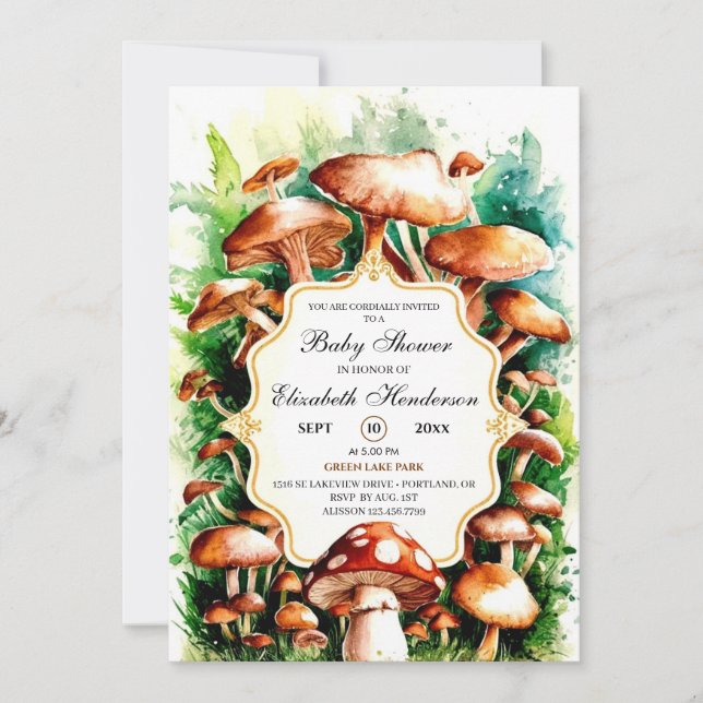 Invitación Pequeño Baby Shower de hongos encantados (Anverso)