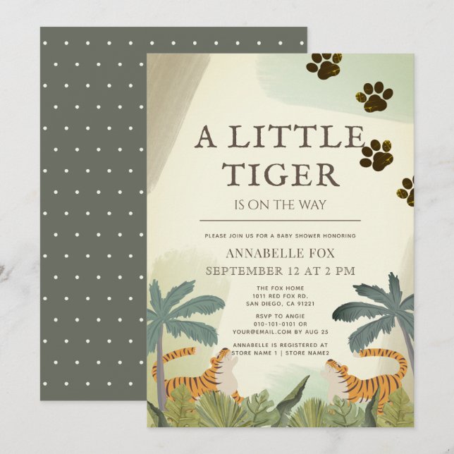 Invitación Pequeño Baby Shower de la jungla de safari de tigr (Anverso / Reverso)