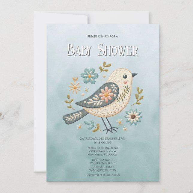 Invitación Pequeño Baby Shower floral de aves verdes (Anverso)