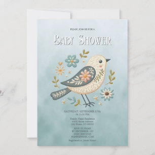 Invitación Pequeño Baby Shower floral de aves verdes