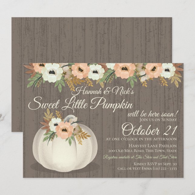 Invitación Pequeño Baby Shower floral de calabaza (Anverso / Reverso)