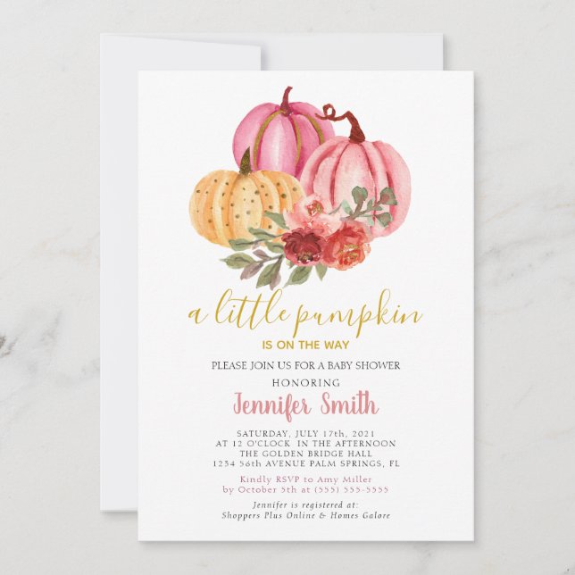 Invitación Pequeño Baby Shower rosado de calabaza (Anverso)