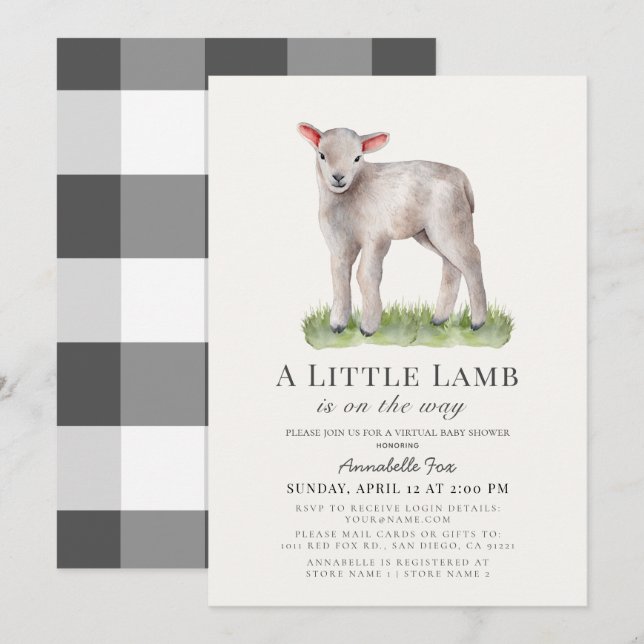 Invitación Pequeño Baby Shower virtual de cordero (Anverso / Reverso)
