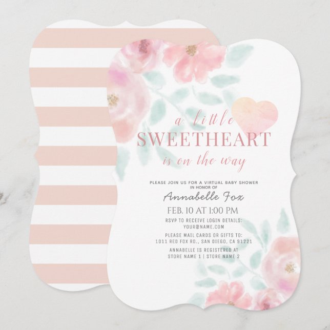 Invitación Pequeño Baby Shower virtual floral (Anverso / Reverso)