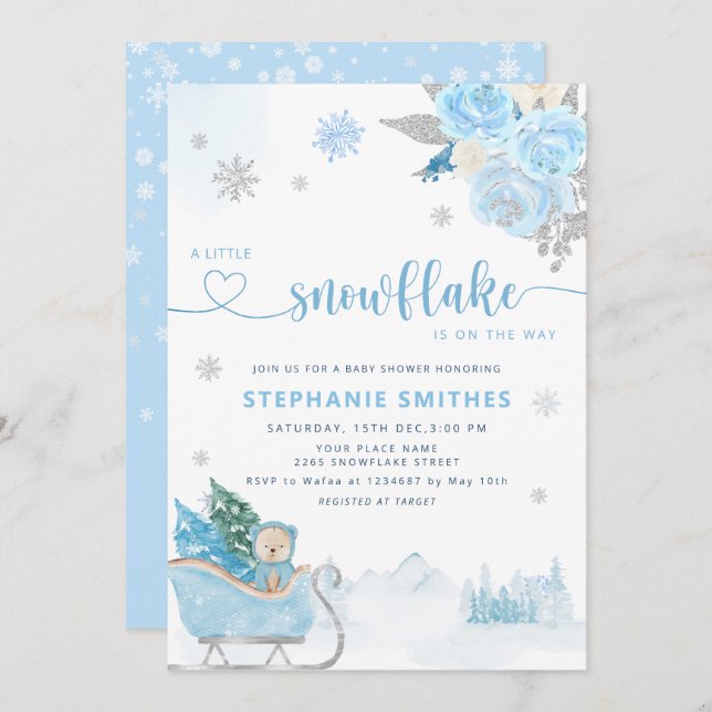 Invitación Pequeño bebé de copo de nieve Teddy Bear Winter Bo (Anverso / Reverso)