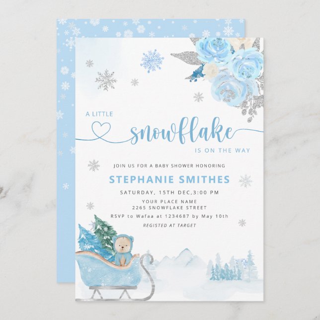 Invitación Pequeño bebé de copo de nieve Teddy Bear Winter Bo (Anverso / Reverso)