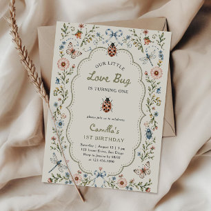 Invitación Pequeño Bicho del Amor Niña Mariquita Cumpleaños 1
