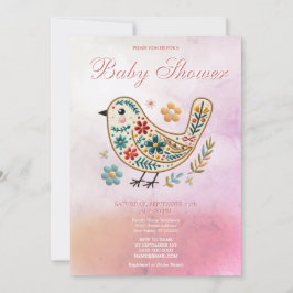 Invitación Pequeño Bird Floral Embroidery Baby Shower Rosa