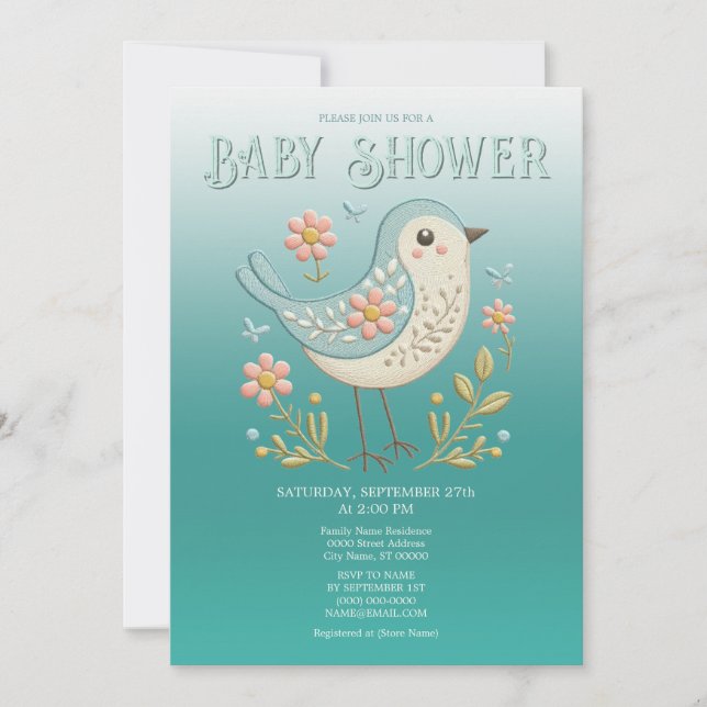 Invitación Pequeño Bird Floral Embroidery Green Baby Shower (Anverso)