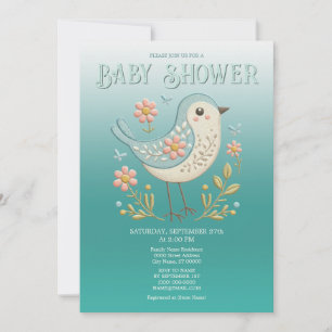 Invitación Pequeño Bird Floral Embroidery Green Baby Shower