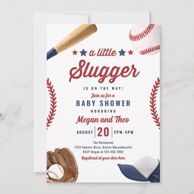 Invitación Pequeño Bloguero De Béisbol En Camino A Baby Showe (Anverso)
