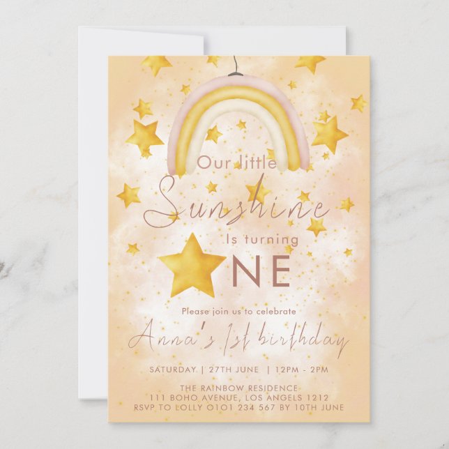 Invitación Pequeño Boho Arcoíris Estrella Dorada Cumpleaños (Anverso)