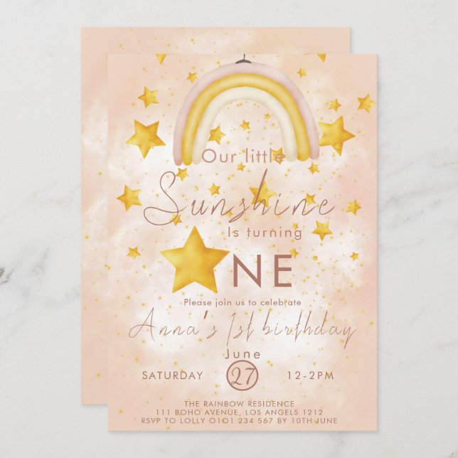 Invitación Pequeño Boho Arcoíris Estrella Dorada Cumpleaños (Anverso / Reverso)
