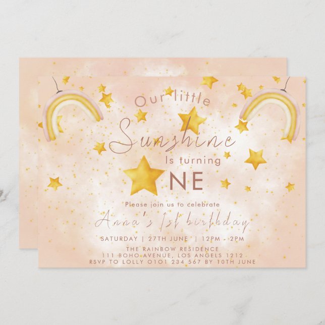 Invitación Pequeño Boho Arcoíris Estrella Dorada Cumpleaños (Anverso / Reverso)