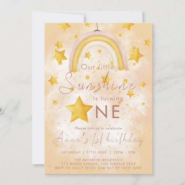 Invitación Pequeño Boho Cumpleaños Sol Rainbow Estrella Dorad (Anverso)