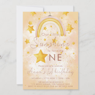 Invitación Pequeño Boho Cumpleaños Sol Rainbow Estrella Dorad