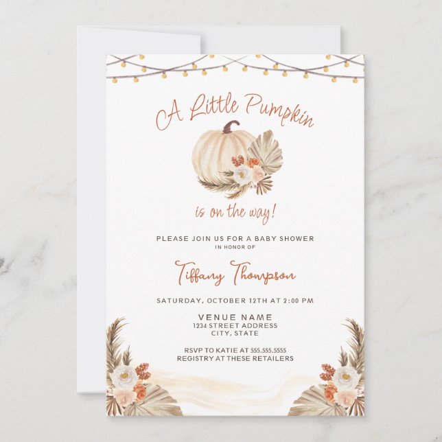 Invitación Pequeño Boho de calabaza Pampas Cae Baby Shower (Anverso)