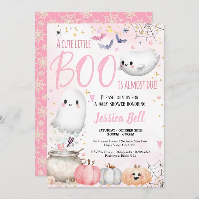 Invitación Pequeño Boo Chica de Halloween Rosa Baby Shower (Anverso / Reverso)