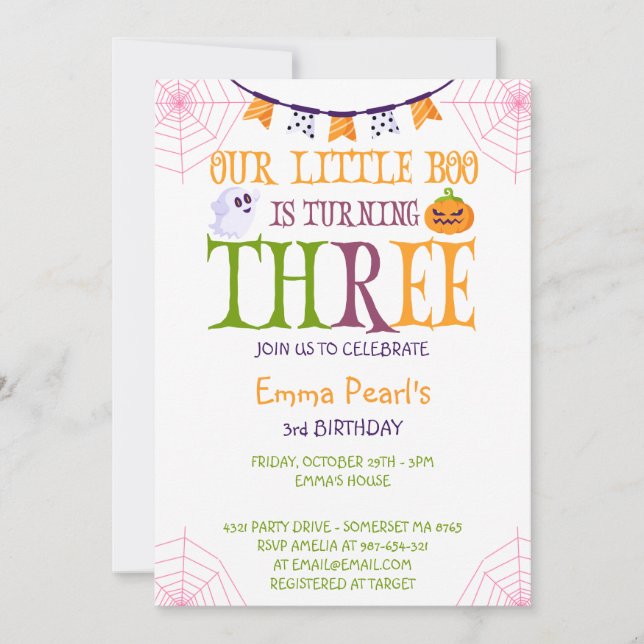 Invitación Pequeño Boo cumple tres años de Halloween (Anverso)