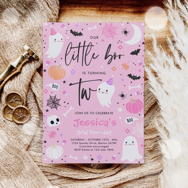 Invitación Pequeño Boo Cute Fantasma Rosa Segundo Fiesta de C (Subido por el creador)