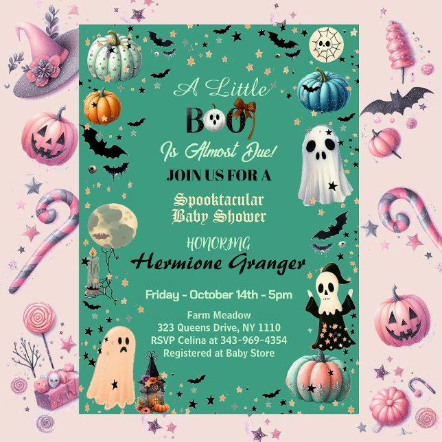 Invitación Pequeño BOO Debido A La Fantasía De La Calabaza Fa (Little BOO Is Due Ghost Pumpkin Spooky Baby Shower Invitation)