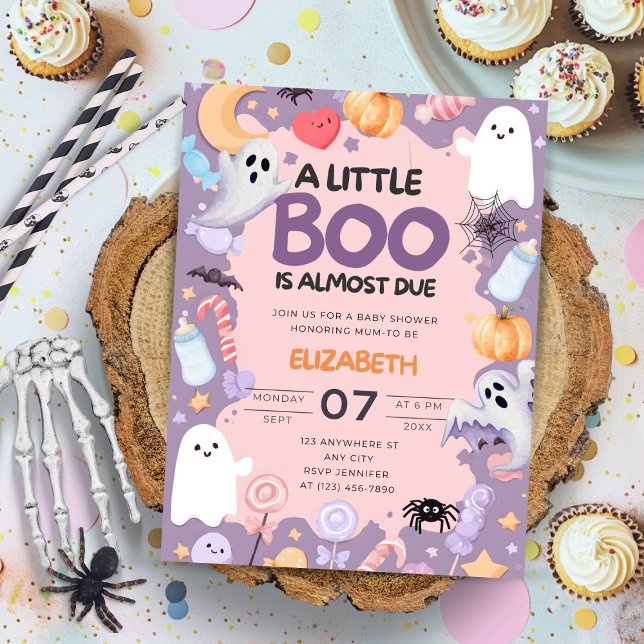 Invitación Pequeño Boo ducha de bebé Halloween (Little Boo is Almost Due Halloween baby shower invitation featuring cute watercolor ghost, pumpkin, )