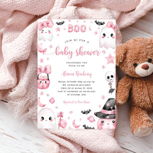Invitación Pequeño Boo Halloween Fantasma Rosa Baby Shower