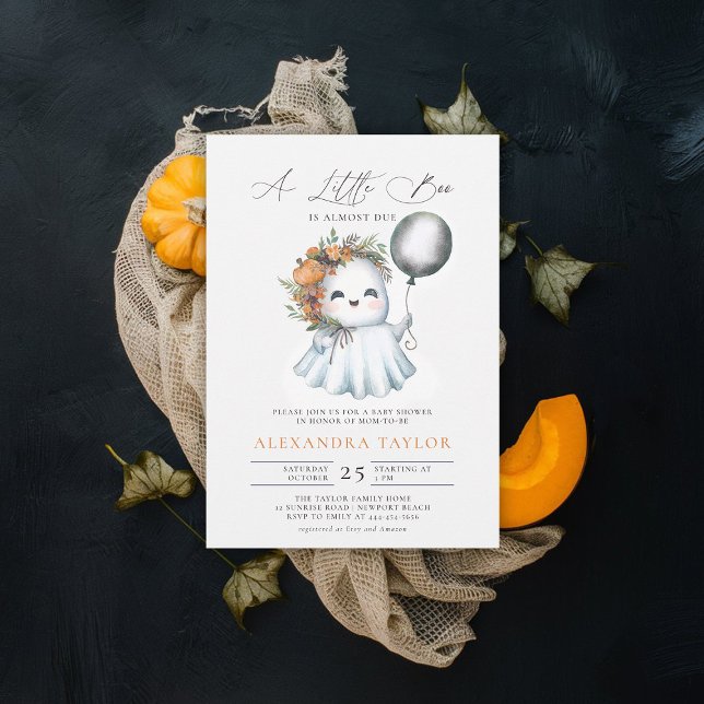 Invitación Pequeño Boo Halloween otoño Chica lindo octubre (baby shower invitation halloween fall little boo ghost watercolor cute adorable character)