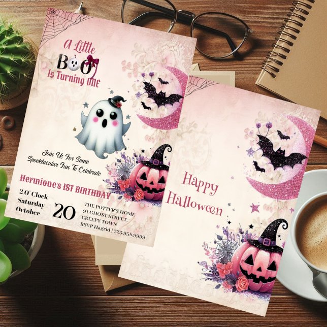 Invitación Pequeño Boo Rosa Jack Fantasma Halloween Primer cu (Little Boo Pink Jack Halloween Ghost 1st Birthday Invitation)