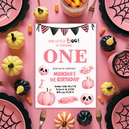 Invitación Pequeño Boo Rosa Un Chica Halloween Primer cumplea