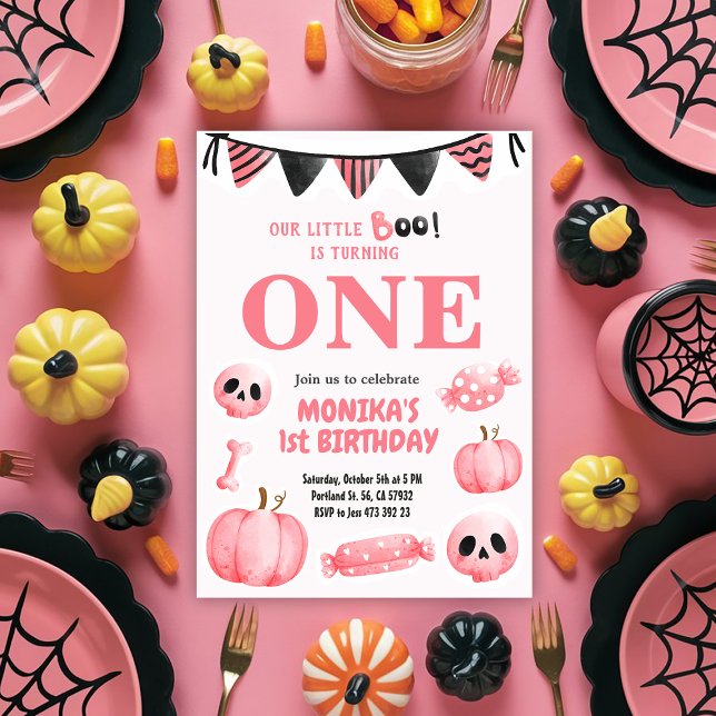 Invitación Pequeño Boo Rosa Un Chica Halloween Primer cumplea (Subido por el creador)