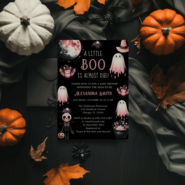 Invitación Pequeño Boo Rosa y Negro Chica de Halloween Baby S (Little Boo is Almost Due! Pink & Black Halloween Girl Ghost Baby Shower Invitation)