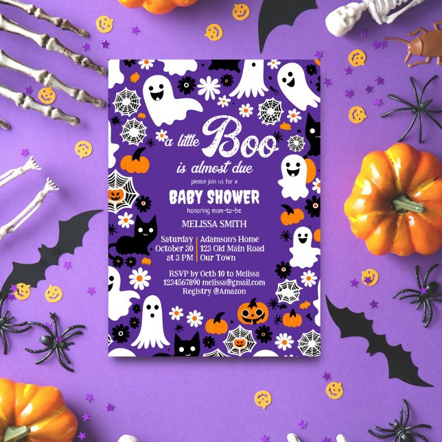 Invitación Pequeño boom Halloween bebé ducha retro gruñón (Little boo Halloween baby shower template invitation digital download groovy retro cute ghosts daisy)
