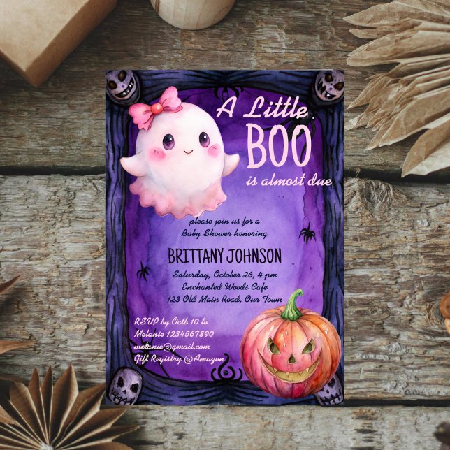 Invitación Pequeño boom Halloween rosa lindo baño de bebé fan (Little boo Halloween pink cute bow ghost baby shower Invitation template instant download)