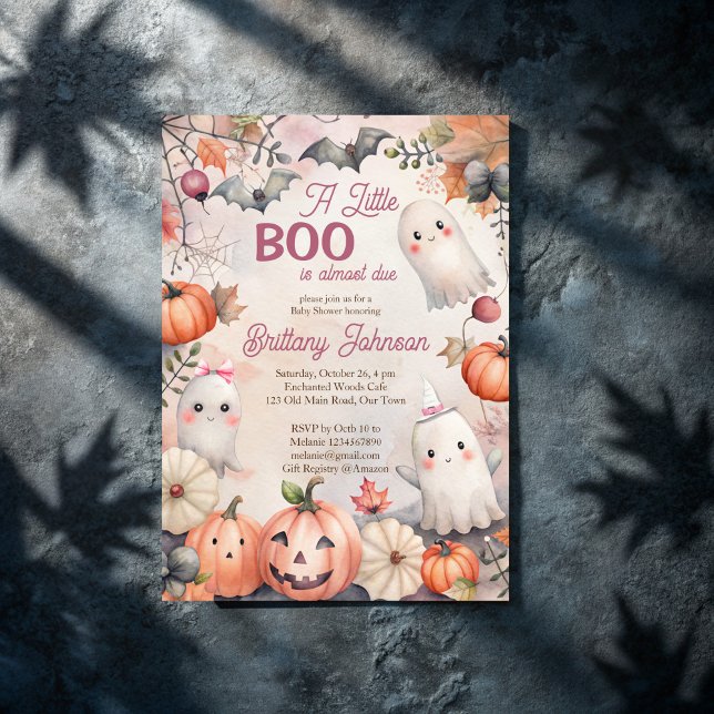 Invitación Pequeño boom Halloween rosa lindo baño de bebé fan (Little boo Halloween pink cute ghosts and pumpkins baby shower Invitation template instant download)