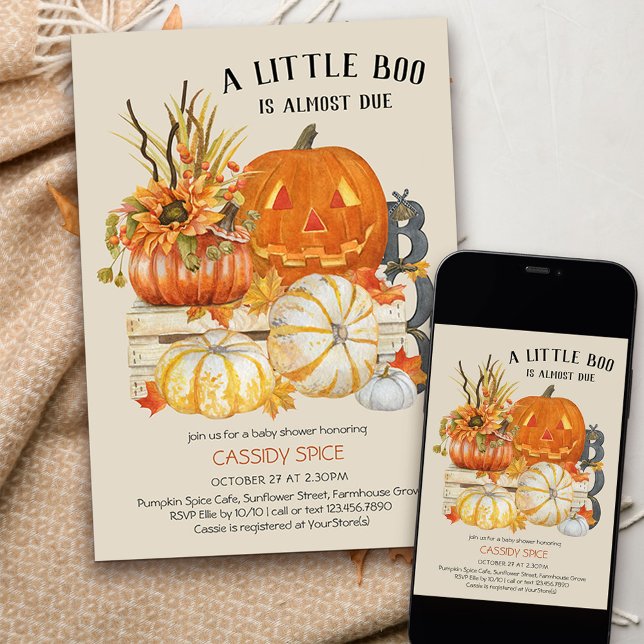 Invitación Pequeño Bote casi debido a la Rústica Halloween de (Little Boo is almost due invitation for halloween pumpkin themed baby shower)