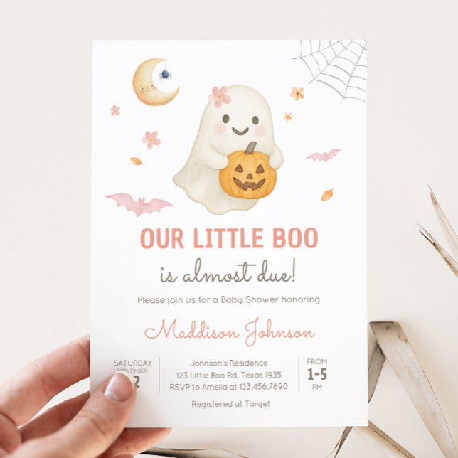 Invitación Pequeño Bote de Halloween Rosa (Pink Little Boo Halloween Baby Shower Invitation)