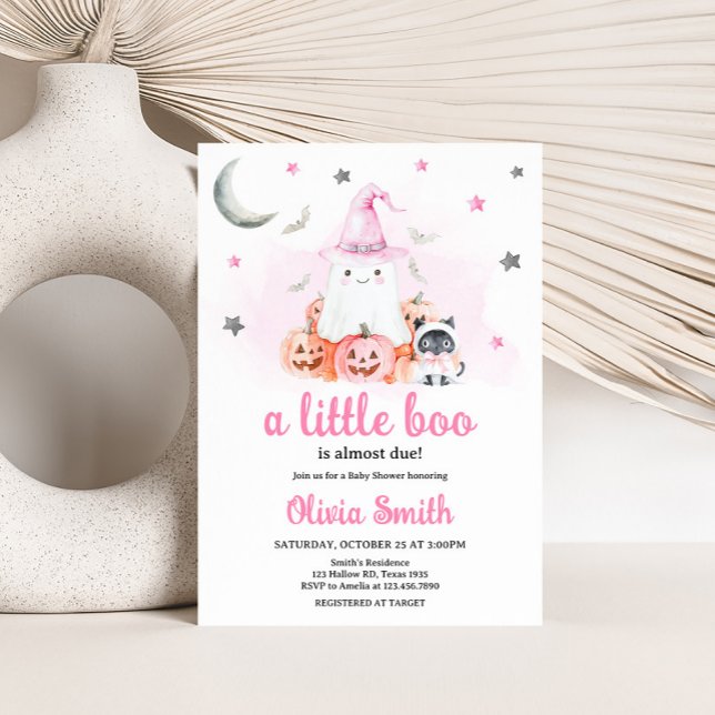 Invitación Pequeño Bote de Halloween Rosa (Girl Halloween Little Boo Baby Shower Invitation)