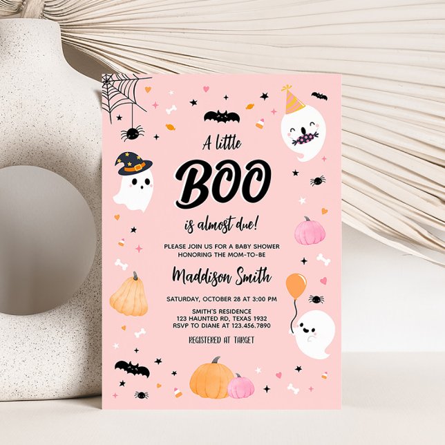 Invitación Pequeño Bote de Halloween Rosa (Girl Ghost Baby Shower Invitation)