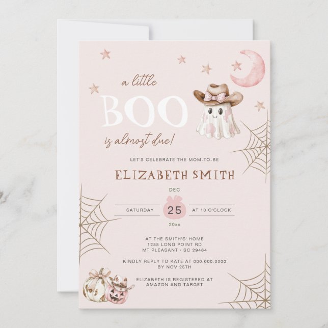 Invitación Pequeño Bote Rosa Halloween casi debido a Baby Sho (Anverso)