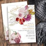 Invitación Pequeño brunch floral de calabaza rústica de bebé<br><div class="desc">Pequeña invitación a la ducha de bebé de calabaza, con flores de acuarela y tipografía elegante. El diseño está escrito con "una calabaza está en camino" y tiene un parche de calabaza y un ramo rústico de pasto de pampas, hojas de otoño y flores rosas. Todos los detalles de la...</div>