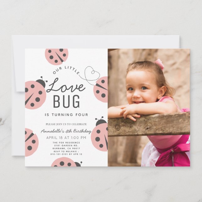 Invitación Pequeño Bug de Amor Luz Rosa Ladybug Foto de cumpl (Anverso)