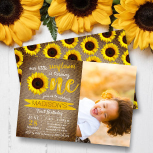 Invitación Pequeño Burlap Rústico del Girasol Primera Foto de