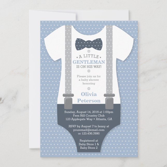 Invitación Pequeño Caballero Invitado Baby Shower, Azul, Gris (Anverso)