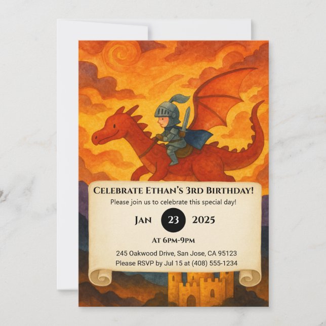 Invitación Pequeño caballero montando un cumpleaños del dragó (Anverso)